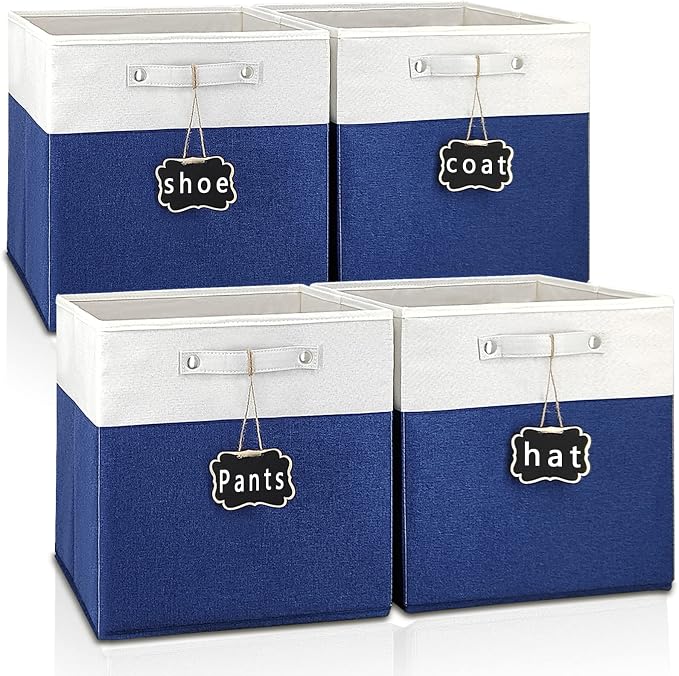 13x15x13 storage cube bins,Set of 4 Collapsible Fabric Storage Cubes with Labels,Linen Cube Storage Organizer Bins Kallax Storage Cubes for Organizing Home,Shelves,Cabinet,Clothes(White Blue).