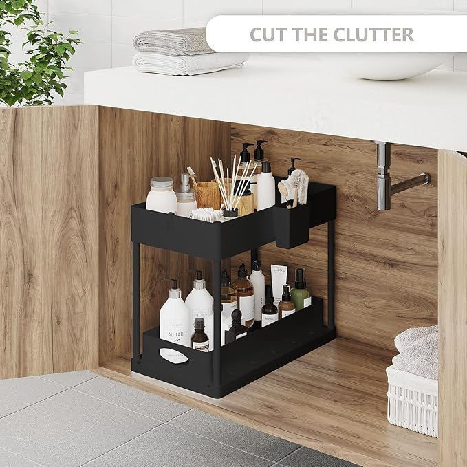 Under Sink Organizers and Storage, Bathroom Cabinet Organizer, Sink Shelf with Utility Hooks and Side Caddy for Under Cabinet Storage | Under Kitchen Sink Organizer with Sliding Drawer, Black (2-Pack)