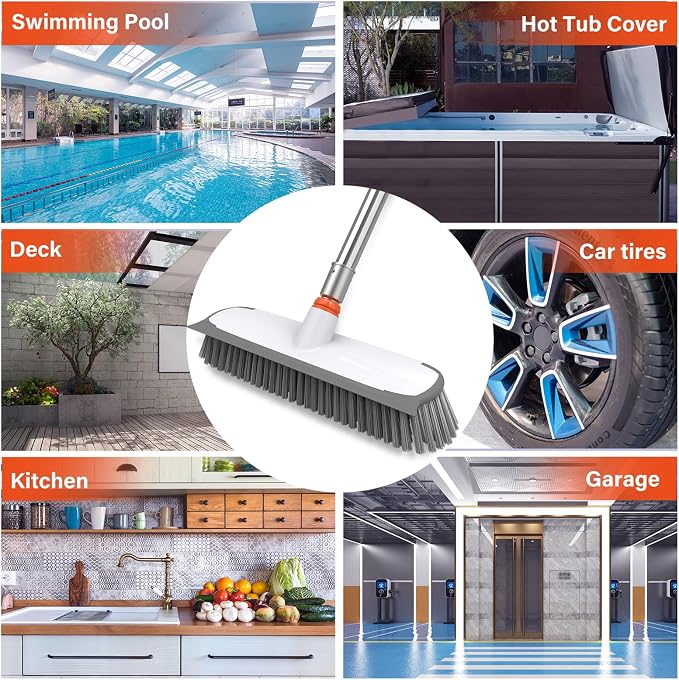 ITTAR Floor Scrub Brush with Long Handle, 12" Wide 2-in-1 Deck Brush and Squeegee with 55" Stainless Steel Pole, Heavy-Duty Stiff Bristles for Shower, Tile, Garage, Patio & Kitchen-Orange
