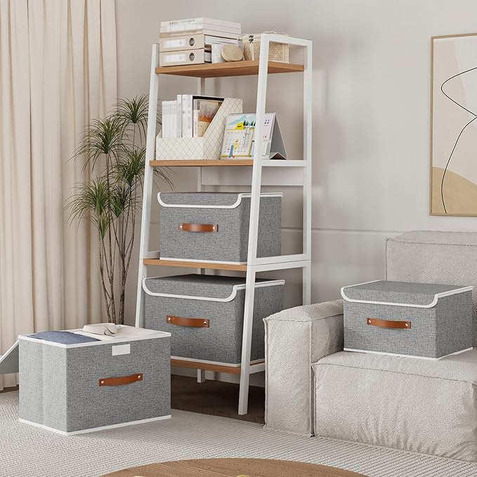 Yawinhe Storage Bins with Lids, Closet Baskets, Washable and Leather Handle, Collapsible Boxes for Home, Grey, 17.7''Lx11.8''Wx11.8''H, 1-Pack, USNK024GX-1
