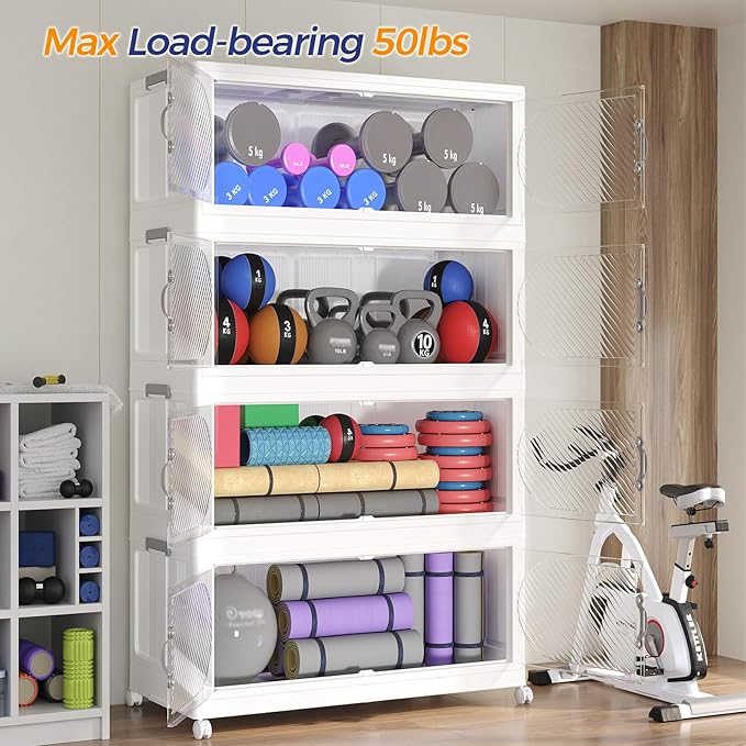 240QT Extra Large Stackable Storage Bins with Lid & Wheels & Doors, 60Gal Foldable Collapsible Closet Organizers, Plastic Cabinet Box Container Drawer for Home Kitchen Bedroom, 4Pack White