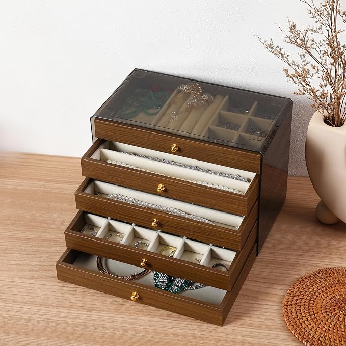 CLUQMEIK 5 Layer Large Wooden Jewelry Box with Acrylic Lid and Wooden Drawers, Stackable Jewelry Organizers and Storage Box for Women and Girls to Storing Rings Earrings Necklaces Bracelets