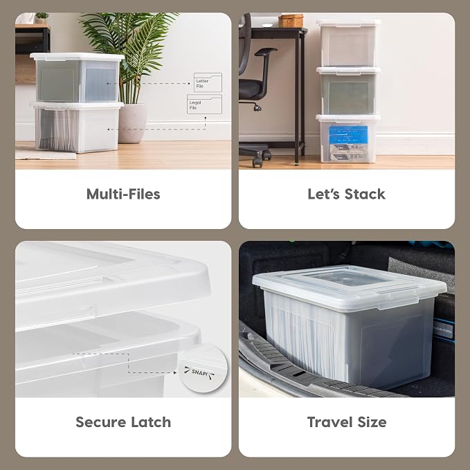 IRIS USA 35 Qt. Letter/Legal File Box with Latching Lid, Clear | Protect important documents, letter and legal files with secure storage for home offices, moving, and long-term organization