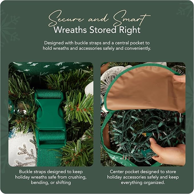 Covermates Keepsakes Wreath Storage Bag – Heavy-Duty Polyester with Buckle Straps & Interior Pouch – Protective Holiday Wreath Organizer with Handles, D-Ring & Label Window, Green Snowflake
