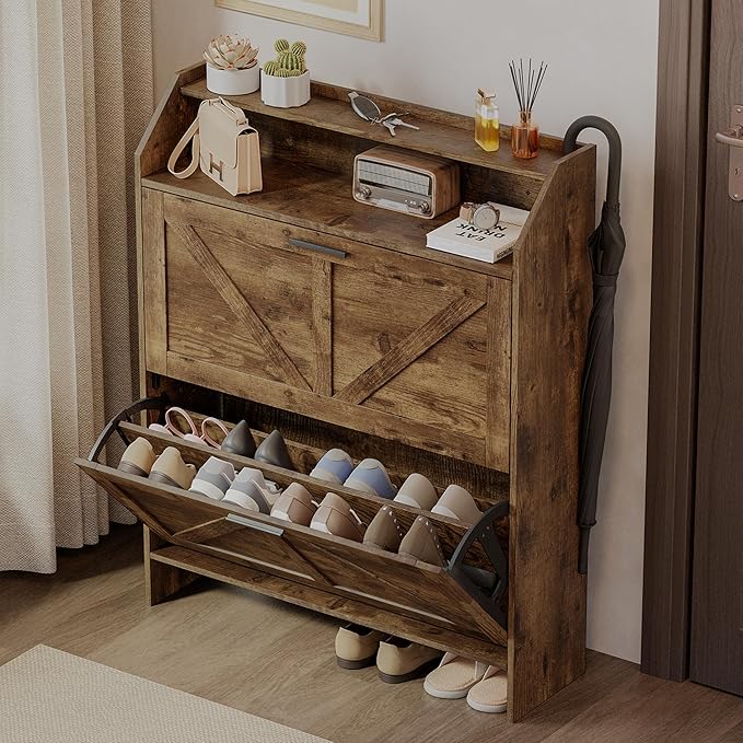 Mericonia Farmhouse Shoe Cabinet with 2 Flip Drawers, Shoes Storage Cabinet, Freestanding Shoe Rack Organizer for Entryway, Rustic Brown