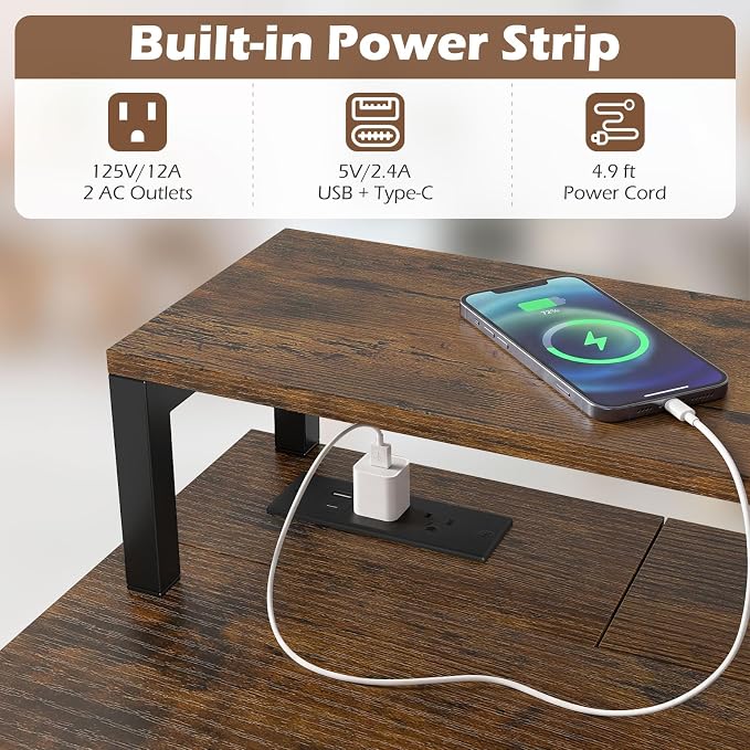 Tangkula Computer Desk with Dual-use Drawer & Keyboard Tray, Home Office Desk with Removable Monitor Shelf & Power Outlets, Modern Writing Desk Study Table for Home Apartment Dorm (Rustic Brown)