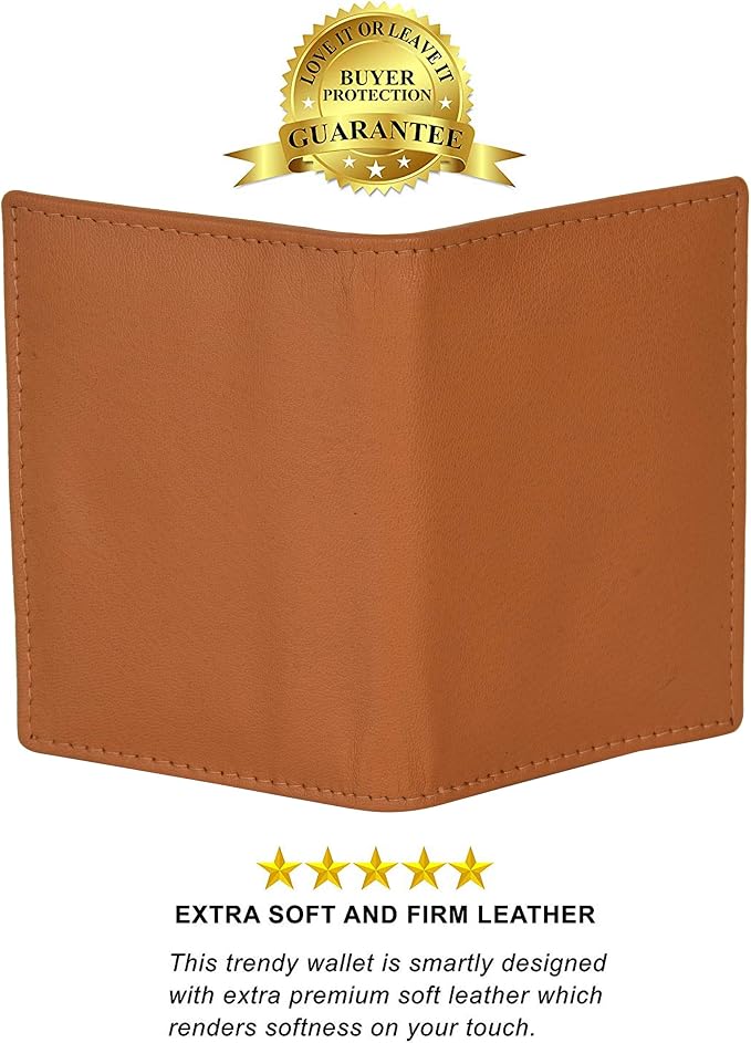 Leatherboss Genuine Leather Slim Thin Credit Debit Card ID Mini Holder Bifold Wallet Driver License Safe Holder, Tan