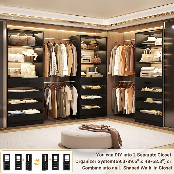 Aheaplus Closet System with 12 Drawers, 8.5-11.5Ft Wood Closet Organizer System with 4 Hanging Rods & 3 Towers, 4Ft & 6Ft L-Shaped Walk-in Closets Wardrobe Organizer Clothes Rack, Set of 3, Black