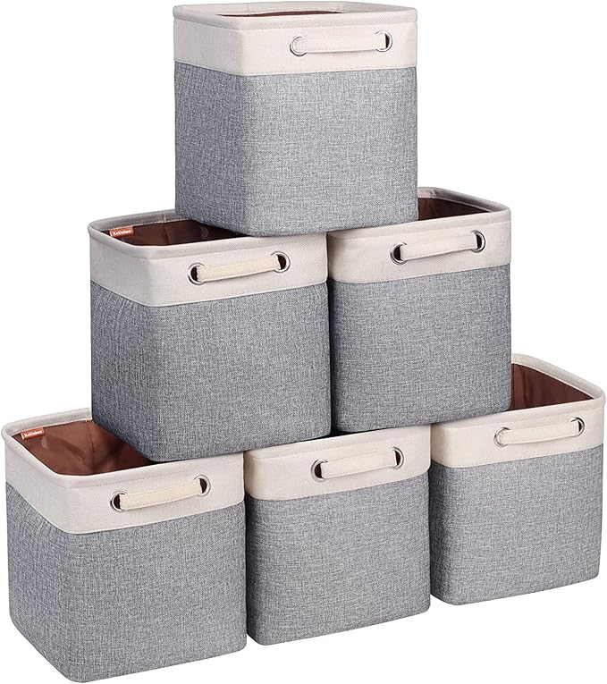 Cube Storage Bins 10.5” x 10.5 x 11” Cloth Baskets for Storage with Handles Storage bins for Shelf, Closet, Office Organizer, Set of 6 | Small storage cubes, Foldable Storage Basket, For Shelves Closet Organizers, with Canvas Handle, 6 Pack, Grey