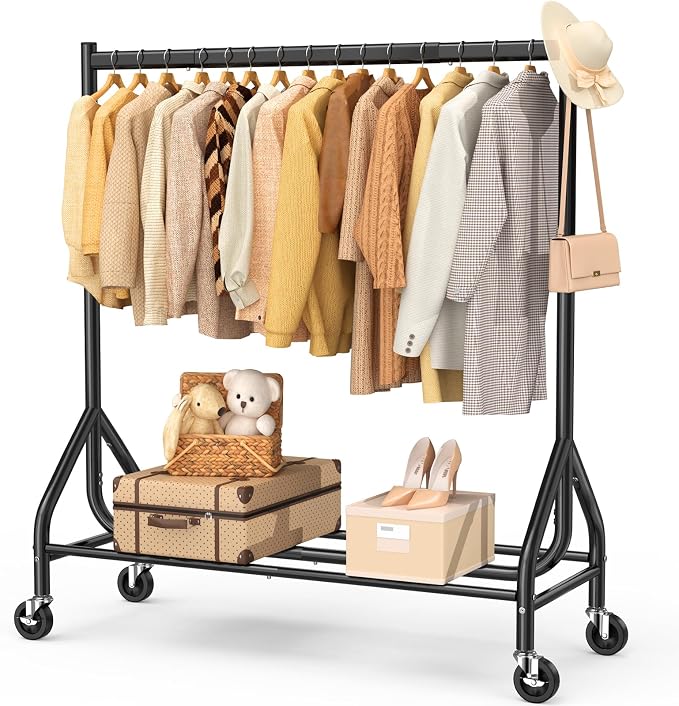 EAGMAK Heavy Duty Clothes Rack Load 420 LBS, 47.2" Long Rolling Garment Rack with Lockable Wheels, Standing Metal Clothing Hanger, Portable Wardrobe Sturdy Coat Organizer for Hanging Clothes (Black)