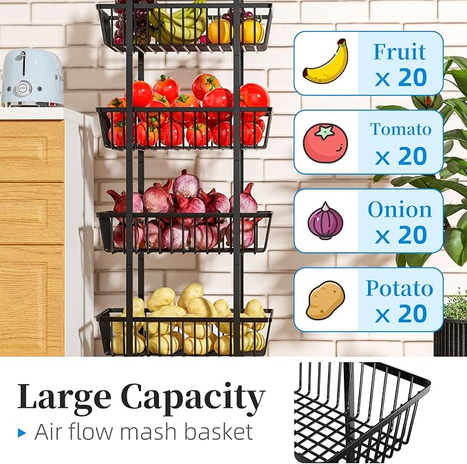 Simple Trending 4 Tier Rolling Fruit Vegetable Basket Cart, Metal Wire Kitchen Storage Organizer on Wheels for Bread Onion Potatoes, Black