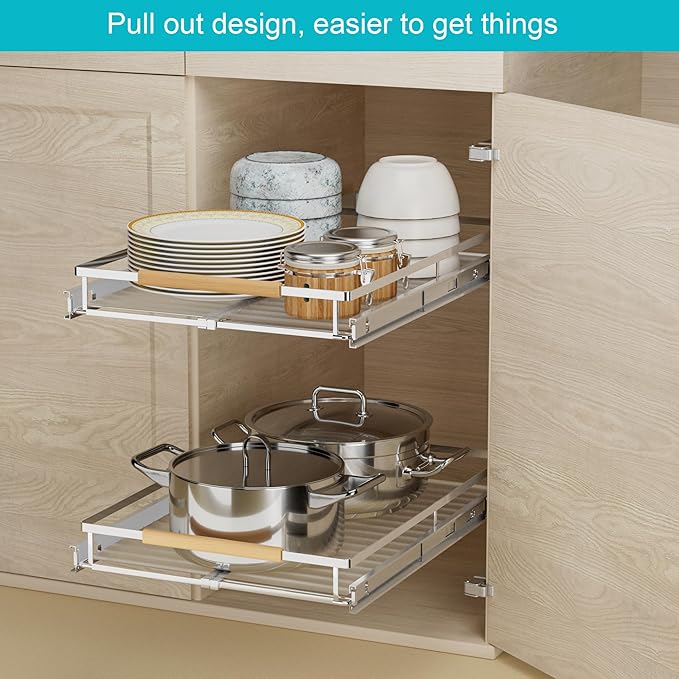 iPEGTOP Pull Out Cabinet Drawer Shelf Organizer, Extendable Sliding Slide Out Pantry Shelves Storage Heavy Duty for Kitchen Cabinets Under Sink, Adjustable Width 12.3~18.1" W x 22.5" D
