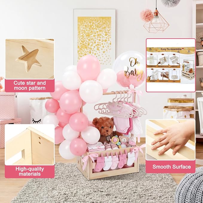 Wooden Baby Shower Crate Closet with Hanger Rack, Pink Bow Baby Gifts Basket with Balloon Accessories, DIY Babies Welcome Box for Pregnancy New Parent