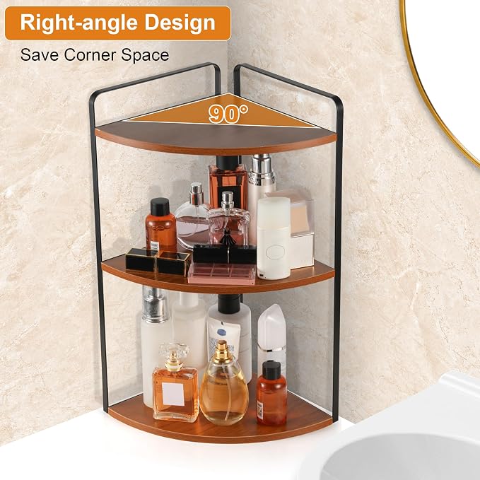 3 Tier Corner Bathroom Counter Organizer, Countertop Organizer, Makeup Organizer Countertop, Bathroom Storage Sink Shelf, Wooden and Metal Counter Shelf (Red Brown)