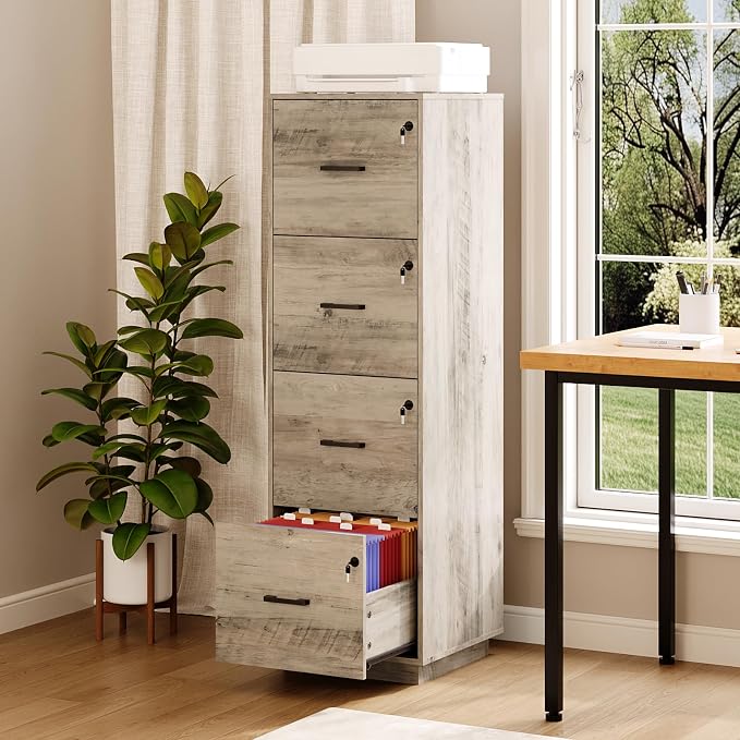 VINGLI 4 Drawer File Cabinet with Lock, Home Office Filing Organizer, for Letter Size File Folder Storage, Wood Tall Vertical Filing Cabinet, Printer Stand, Archivador (Rustic Gray)
