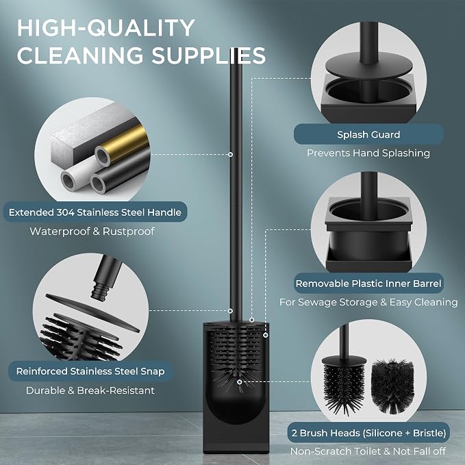 FORIOUS Toilet Cleaner Brush, 2 Toilet Bowl Brush Head Square Short Black | Heavy Duty 304 Stainless Steel Base, Silicone and Plastic Brush Heads, 360° Deep Cleaning, Drip-Proof, Splash-Proof Design