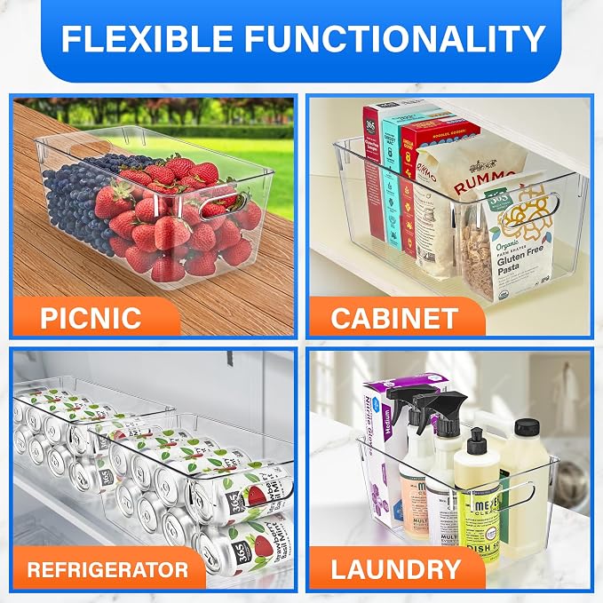 Lifemaster Multi-purpose Refrigerator Bins - 8 pieces Large Capacity Stackable Fridge Bin Organizer with Easy Grip Handles - Clear