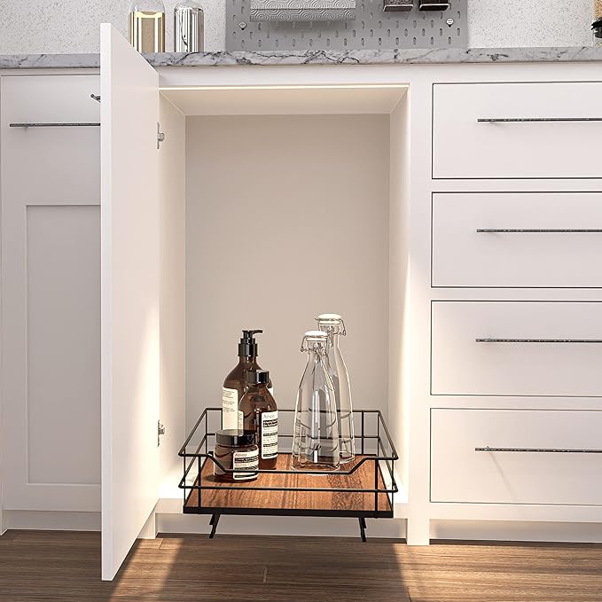 Home Zone Living Pull Out Kitchen Cabinet Organizer with Slide Out Drawer for Space Saving Storage, 14”W x 21”L, Matte Black Dark Brown Wood Finish
