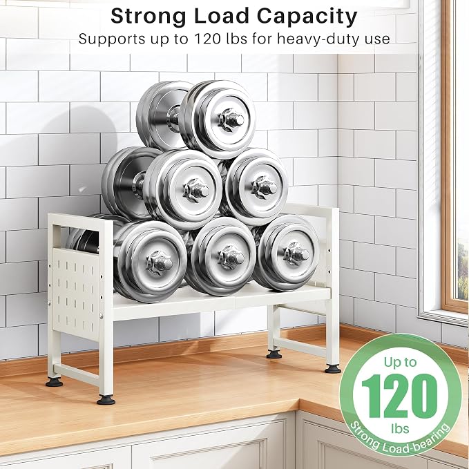 Microwave Stand, 2-Tier Expandable(17.4"-27.4") Microwave Oven Rack, Heavy Duty Adjustable Shelf with 9 hooks, Kitchen Organizer Storage Shelves for Pantry, Countertop, Coffee Bar, Office, Dorm, White