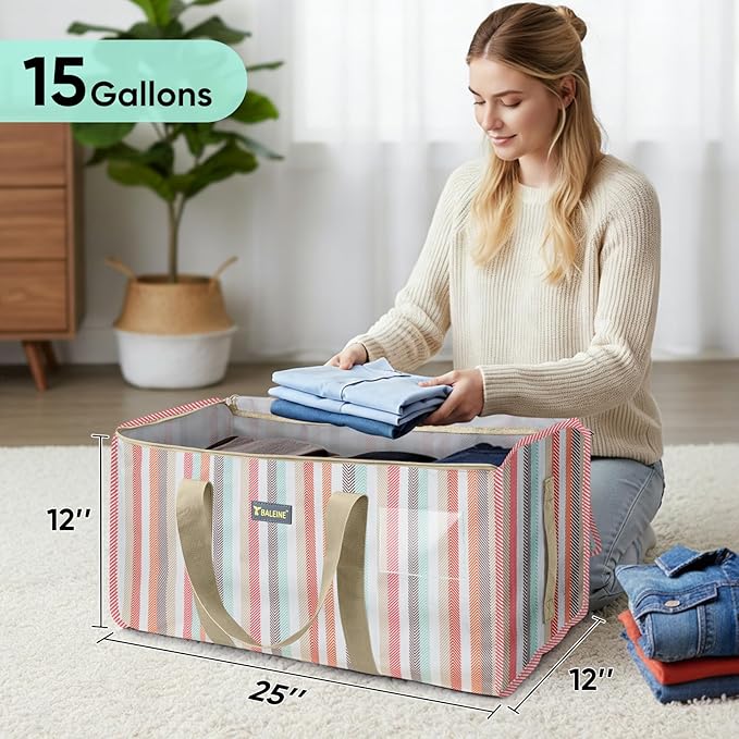 BALEINE Extra Large Storage Tote with Zippers & Carrying Handles, Heavy-Duty Oxford Fabric Moving Bags for Laundry, Space Saving, Storage, Color Stripe