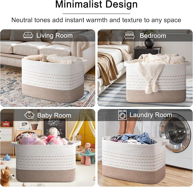 OIAHOMY 108L Extra Large Blanket Basket, 25”x16”x16” Rectangle Woven Cotton Rope Baskets for Living Room, Toy Storage with Handle- Gradient Light Brown