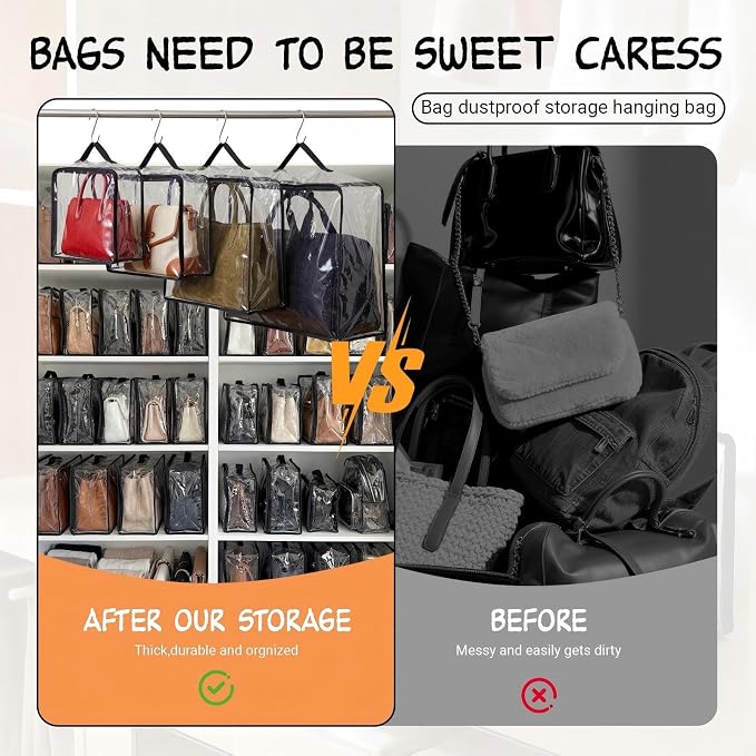 Hsei 12 Pcs Clear Dust Bags For Handbags 4-Sizes Fits Mini Wallets Oversized Tote Bags PVC Waterproof Purse Storage Organizers for Luxury Bag Soft Stand-Up with Zipper Handle for Closet Hanging