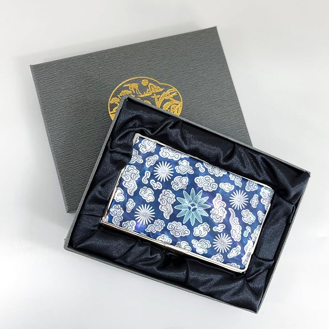 Mother of Pearl Business Card Case Credit Id Name Holder Travel Wallet Art Painting Design Metal Stainless Steel Engraved Slim Purse Pocket Cash Money Wallet (Mum Cloud)