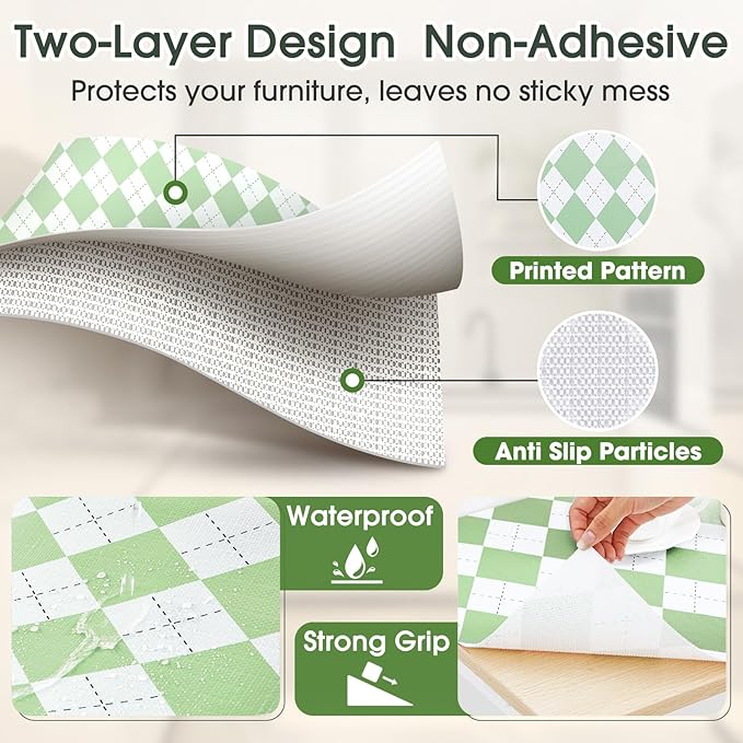 Coavas Shelf and Drawer Liner, Non Slip Extra Grip Non Adhesive Waterproof Thickened Cabinet Mat, Easy Cut for Kitchen Pantry Bathroom Dresser Cupboard (Green Rhombic, 12IN x 10FT)