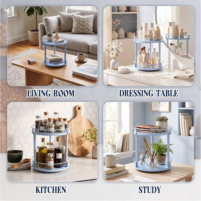 Light Blue Lazy Susan Organizer 2 Tier, Spice Rack Lazy Susan Organizer for Cabinet 10 Inch Rotating Spice Holder for Kitchen Countertop Pantry Dining Table Coffee Bar Storage