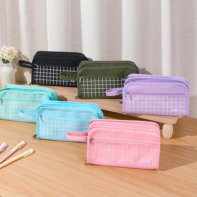 Sooez Large Pencil Case, Big Capacity Pencil Pouch Pen Bag with 3 Compartment, Portable Canvas Stationery Organizer with Zipper, Cute Aesthetic School Supplies for Teen Girls College, Black with Plaid