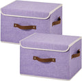 2PCS Collapsible Storage Boxes Baskets with Lid Cotton Linen Fabric Storage Bins with Faux Leather Handles Washable Cube Organizer Container for Home Closet Bedroom Purple Large Size