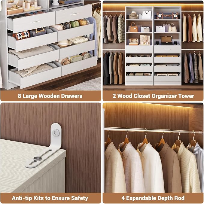 Aheaplus Closet System with 12 Drawers, 8.5-11.5Ft Wood Closet Organizer System with 4 Hanging Rods & 3 Towers, 4Ft & 6Ft L-Shaped Walk-in Closets Wardrobe Organizer Clothes Rack, Set of 3, White