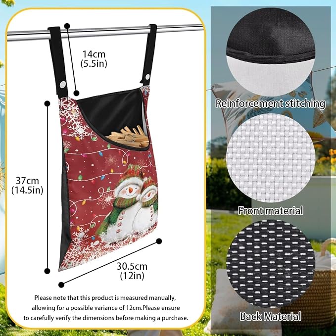 Christmas Snowman Laundry Clothespin Bag Holds 100 Medium-Sized Clothes Pins, Red Waterproof Polyester Material, 2 Ropes for Hanging and Effortlessly Sliding on Clothesline