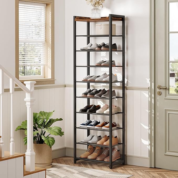 HOOBRO 10 Tier Shoe Rack, Large Capacity Shoe Storage for 18-20 Pairs, Sturdy Metal Shoe Shelf for Closet Entryway, Space Saving Shoe Organizer for Sneakers Heels, Rustic Brown BF40XJ01