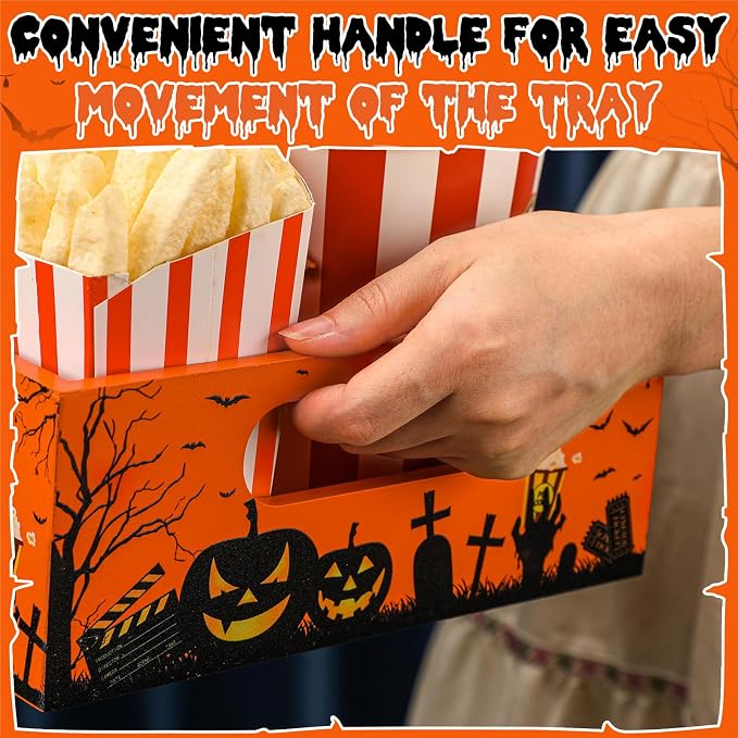 Movie Night Supplies Snack Trays with Handles Reusable Wooden Movie Gift Basket for Theater Popcorn Bucket Bowl Box Container Family Room Decor(Halloween Style)