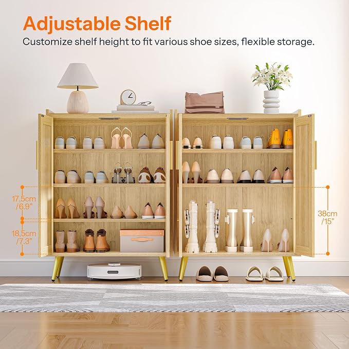 HOOBRO Shoe Cabinet, 5-Tier Shoe Storage Cabinet, Rattan Shoe Cabinet with Doors, 37.8" Tall Shoes Rack Organizer Cabinet for Entryway Hallway Front Door, Adjustable Shelf, Natural NL18SC01