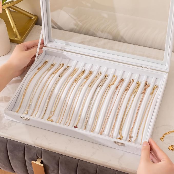 Frebeauty 15 Hooks Necklace Organizer,Velvet Necklace Holder Tray with Lid | Jewelry Organizer for Necklace Pendant Chain,Women Jewelry Box,for Home Use and Jewelry Store,Jewelry Display for Drawer