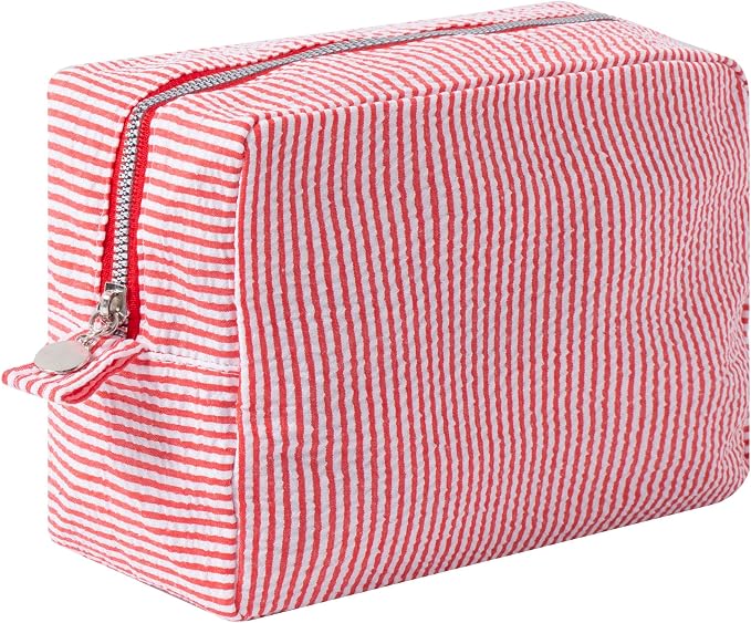 Large Capacity Striped Pencil Case Cosmetic Bag with Zipper Portable Stationery Organizer Pouch for School Students Teens Travel Toiletry Bag (Red)