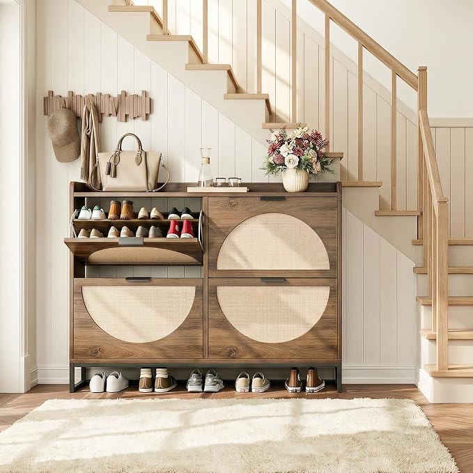 Flip Drawer Shoe Cabinet, Slim Narrow Entryway Storage Furniture with Hidden Flip-Open Organizer, Engineered Wood & Veneer Construction, Hallway Living Room Foyer, 4 Drawer, Oak