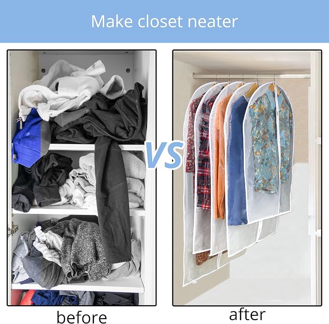 Clear Garment Bag Suit Bags for Closet Storage, Vinyl Garment Bags for Hanging Clothes, Coat Covers for Closet with Zipper and Plastic Garment Bags for Hanging Clothes - 24'' X 40''/6 Pack