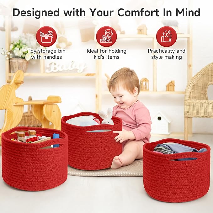 Small Rope Baskets for Storage, Baskets for Gifts Empty, Cute Round Woven Basket, Decorative Shelf Baskets 9.82×9.82×7.1", Cotton Toy Basket Storage Bins for Organizer 3 Packs-Red