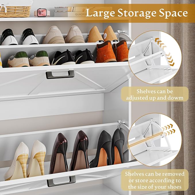 Wodeer Shoe Storage Cabinet with 2 Flip Drawers, Narrow Wood Shoe Cabinet Storage for Entryway with Metal Legs & Hooks, Adjustable Shelves, Freestanding Shoe Rack Organizer for Foyer, Hallway, White