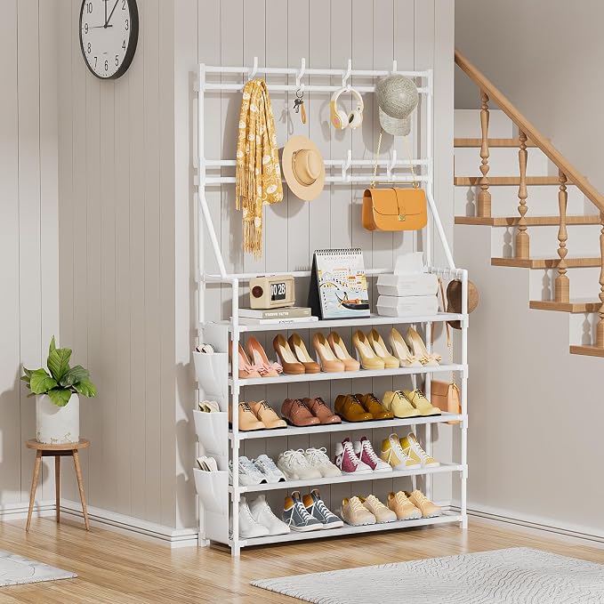 OYREL Shoe Rack 5 Tier Shoe Racks Organizer 20-25 Pairs for Closet | Entrance Shoe Storage Shelf with Hooks and Side Pocket Entryway Shoe Holder Space Saving Free Standing Shoe Racks