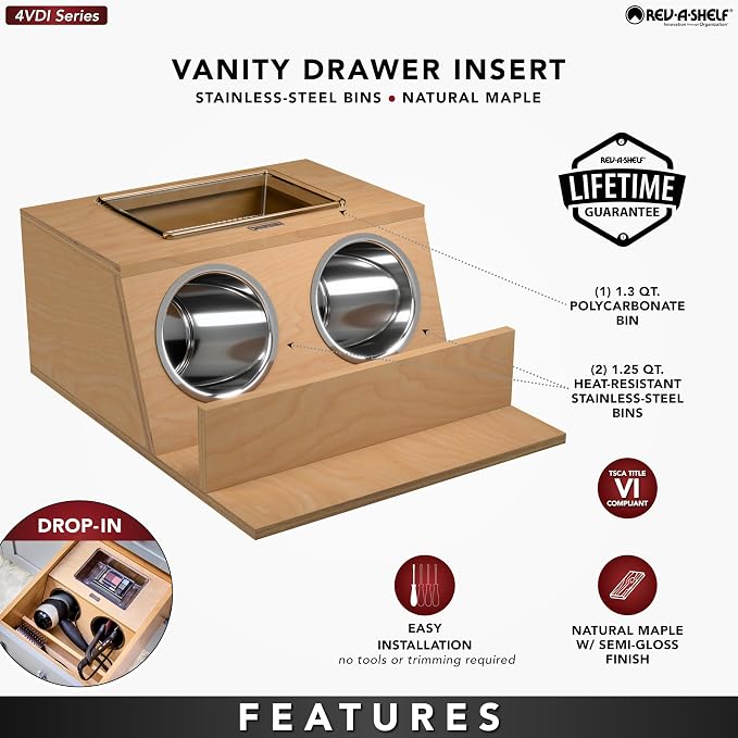 REV-A-SHELF Natural Maple Drawer Insert w/Stainless-Steel Bins for 18" Vanity Drawers