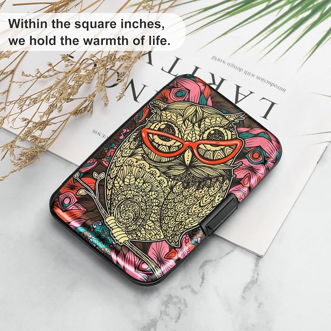 ELFISH Mini RFID Aluminum Wallet Credit Cards Holder Business Card Case Metal ID Case for Men Women(Cute Owl)