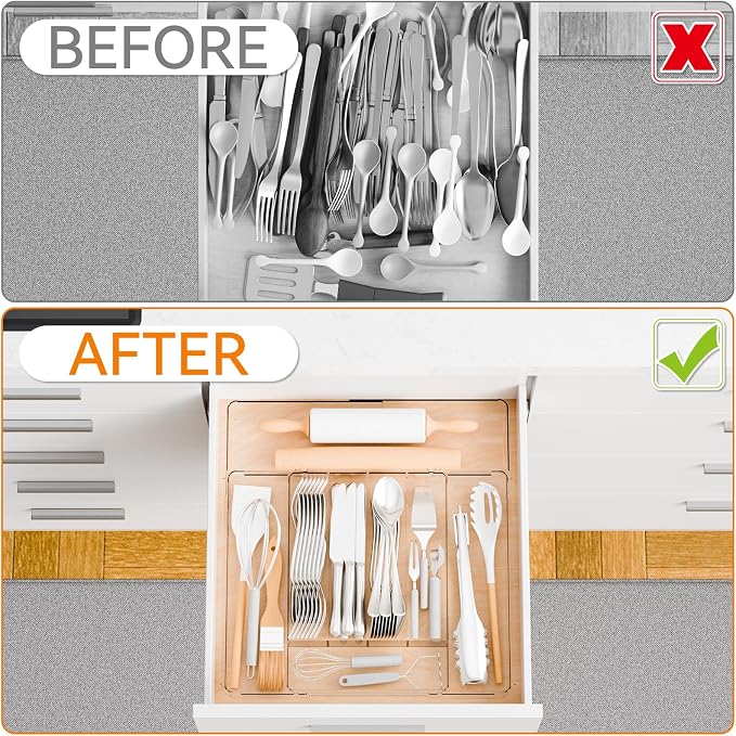 Yieach Acrylic Clear Expandable Kitchen Utensil Drawer Organizer and Silverware Organizer,BPA FREE Adjustable Silverware Tray for Drawer Cutlery,Spatula,Tools,Flatware Organizers,Fork and Spoon Holder