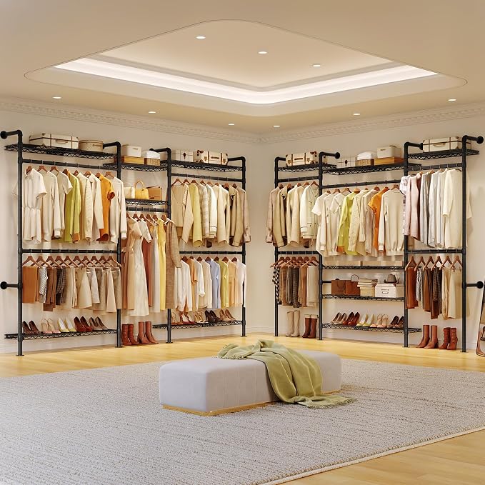 ONBRILL H3 Plus Expandable Wall Mounted Closet System, 5.7FT-8.2FT Closet Organizer with 4 Telescopic Shelves & 5 Adjustable Rods, Industrial Pipe Clothing Rack for Walk-in & Reach-in Closet (Black)