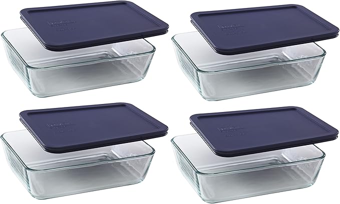 Pyrex 7211 6-Cup Glass Dish & 7211-PC Dark Blue Lids (4-Pack) - Made in USA | Top-Rack Dishwasher Safe | Freezer Safe | Non-Porous Borosilicate | Tight-Sealing Flexible Plastic Covers