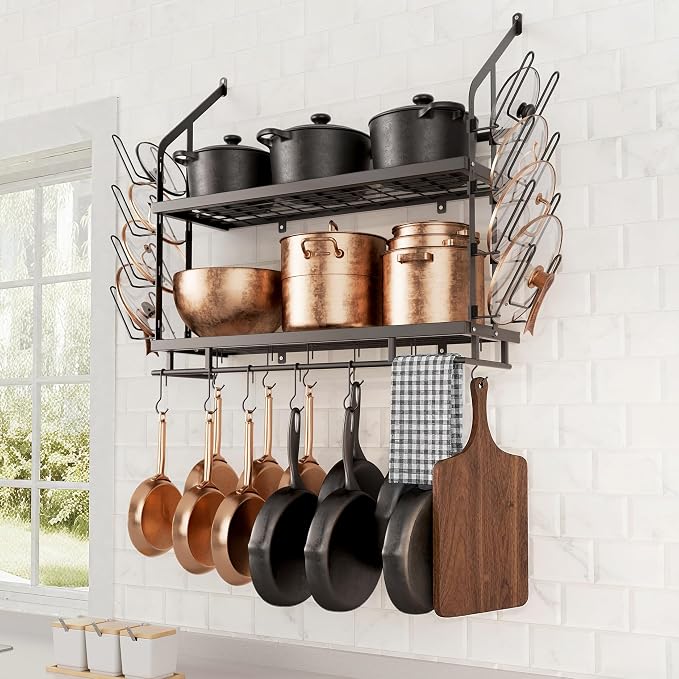 KES 30-Inch Pot Rack Wall Mounted, 8 Secure Lid Holders & 12 Sturdy Hooks | 2-Tier Kitchen Hanging Pot and Pan Organizer, Ample Storage for Tall Cookware, KUR215S75C-BK