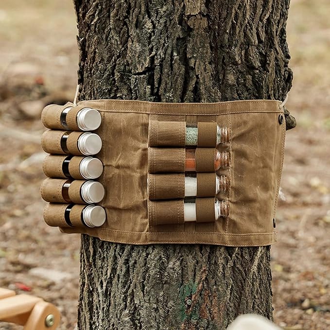 Travel Spice Kit, Portable Spice Bag with 10 Spice Jars, Canvas Seasoning Storage Bag Organizer, Seasoning Bottle Holder with Mini Condiment Bottle, Condiment Container Set for Outdoor Camping BBQ.